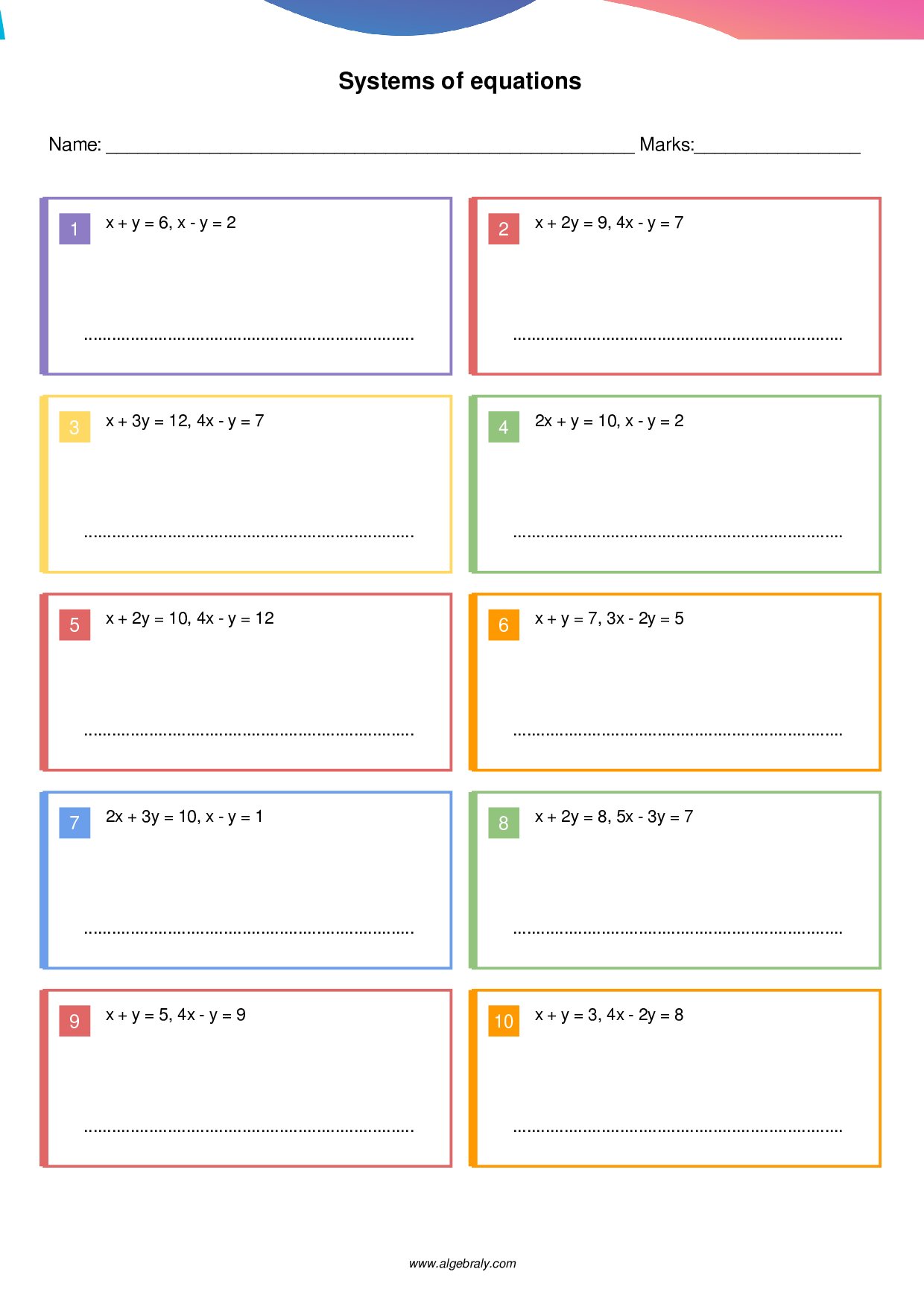 Systems of equations Worksheet 4